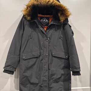 Alpine North Women's Lg Vegan Down Parka Jacket Faux Fur Trimmed Hood Black Coat